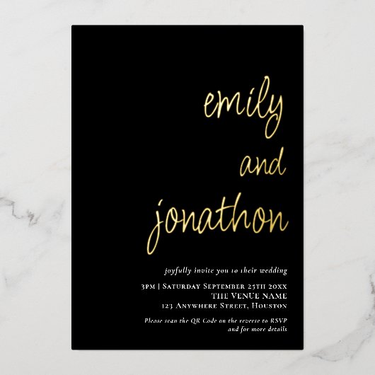 Script Namen QR Code Huwelijk Zwart Luxe Folie Uitnodiging (Voorkant)
