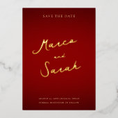 Script Namen | Rood en Gouden Trouw Save the Date Folie Uitnodiging (Voorkant)