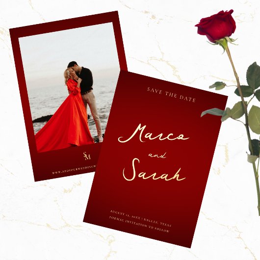 Script Namen | Rood en Gouden Trouw Save the Date Folie Uitnodiging
