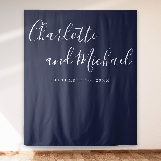 Script Navy Blau Huwelijksfotocabine Achtergrond Wandkleed