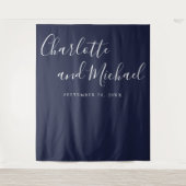 Script Navy Blau Huwelijksfotocabine Achtergrond Wandkleed (Voorkant)