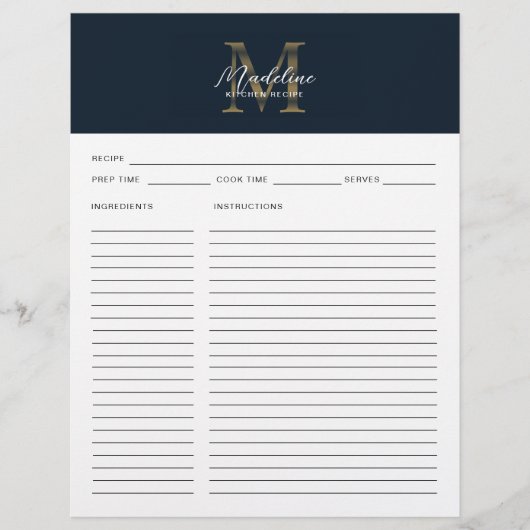 Script Navy Blau Metallic Gouden Monogram Recept (Voorkant)