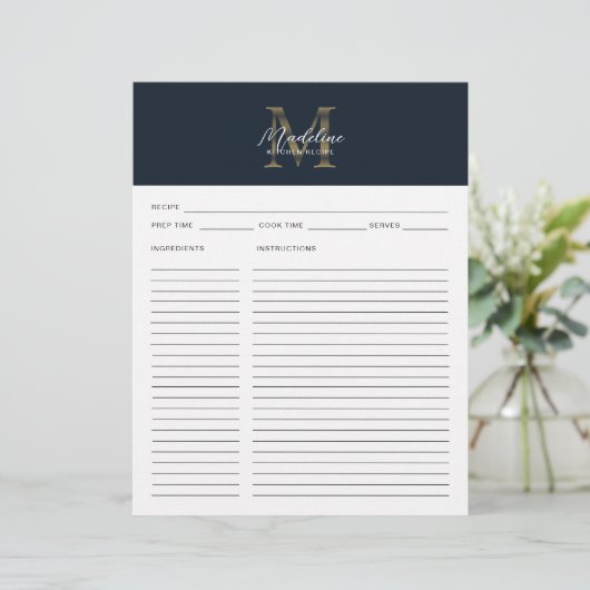 Script Navy Blau Metallic Gouden Monogram Recept (Staand voorkant)