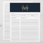 Script Navy Blau Metallic Gouden Monogram Recept (Voorkant / Achterkant)