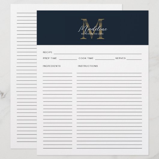 Script Navy Blau Metallic Gouden Monogram Recept (Voorkant / Achterkant)