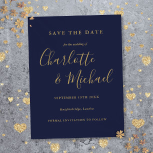 Script Navy Blauw Goud Bruiloft Save the Date Kaar Briefkaart