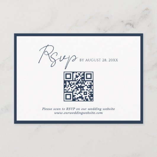 Script Navy Blauwe Rand QR Code Huwelijk Rsvp Informatiekaartje (Voorkant)