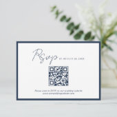 Script Navy Blauwe Rand QR Code Huwelijk Rsvp Informatiekaartje (Staand voorkant)