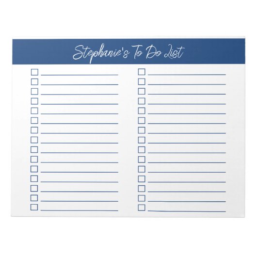 Script Navy Blue 8.5x11 Tweecoloms Checklist Notitieblok (Voorkant)