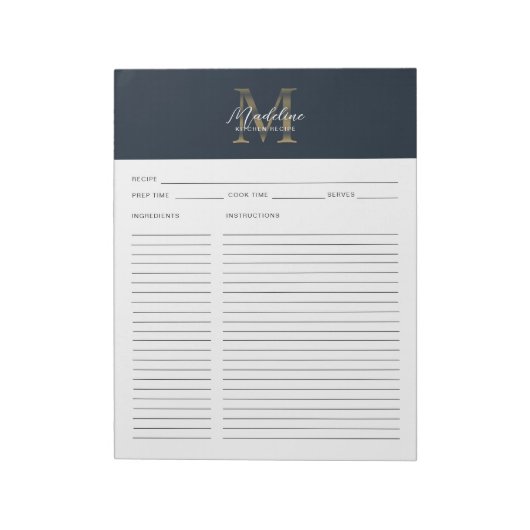 Script Navy Blue Metallic Gold Monogram Recipe Notitieblok (Linkerzijde)