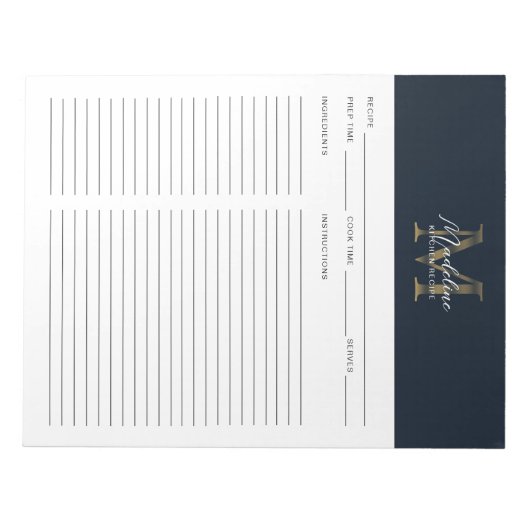 Script Navy Blue Metallic Gold Monogram Recipe Notitieblok (Voorkant)