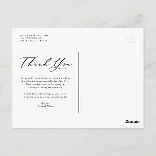 Script Navy Blue Twee foto bruiloft dank u Briefkaart (Achterkant)