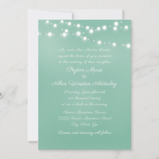 Script Neo Mint Teal Witte Slingerlichtjes Bruilof Kaart (Voorkant)