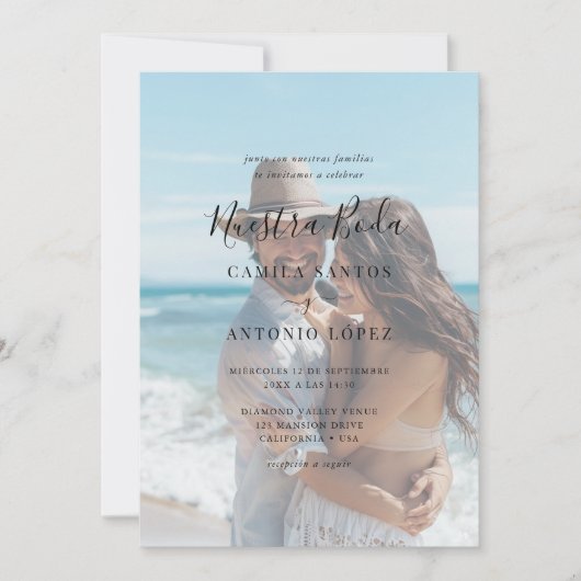 Script Nuestra Boda | Faded foto Spaanse bruiloft Kaart (Voorkant)