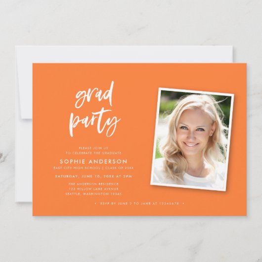 Script Oranje en Blue Photo Graduparty Kaart (Voorkant)