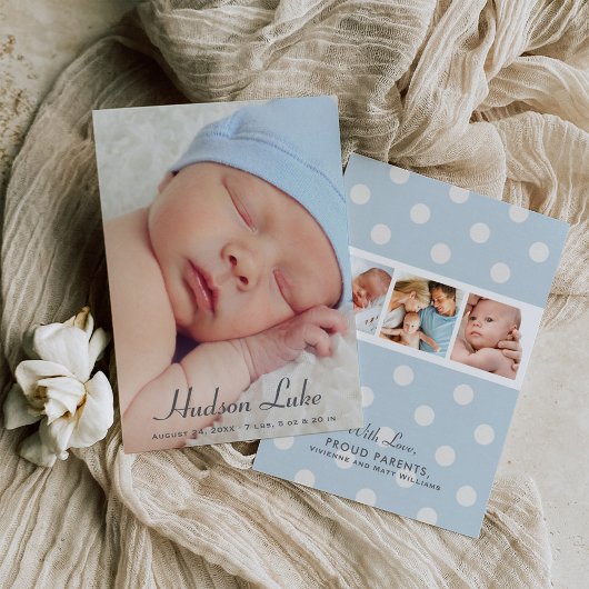 Script Overlay Blauwe Baby Jongen Meerdere Foto's Aankondiging