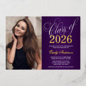 Script Paarse 2025 Foto Afstuderen Party Gold Folie Uitnodiging (Voorkant)