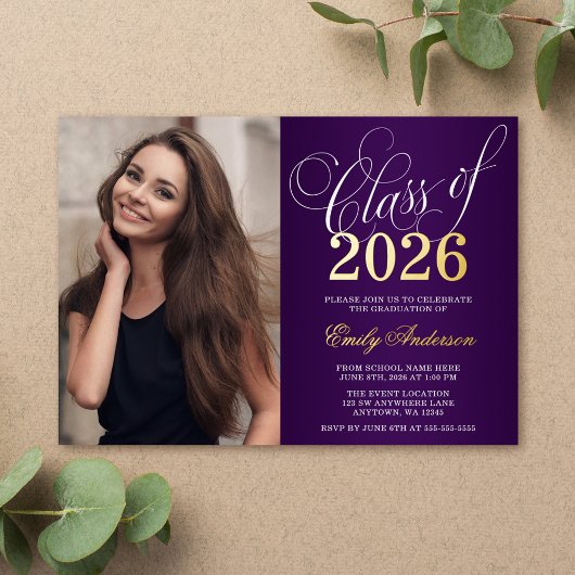 Script Paarse 2025 Foto Afstuderen Party Gold Folie Uitnodiging