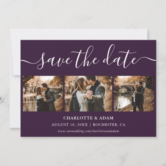 Script Paarse trouwfoto Sla de datumkaarten op Save The Date (Voorkant)