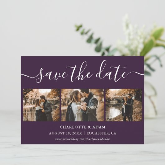 Script Paarse trouwfoto Sla de datumkaarten op Save The Date (Staand voorkant)