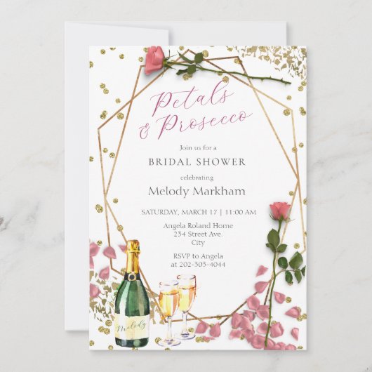 Script Petals en Prosecco Pioen Roze Kaart (Voorkant)