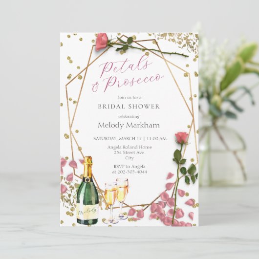 Script Petals en Prosecco Pioen Roze Kaart (Staand voorkant)