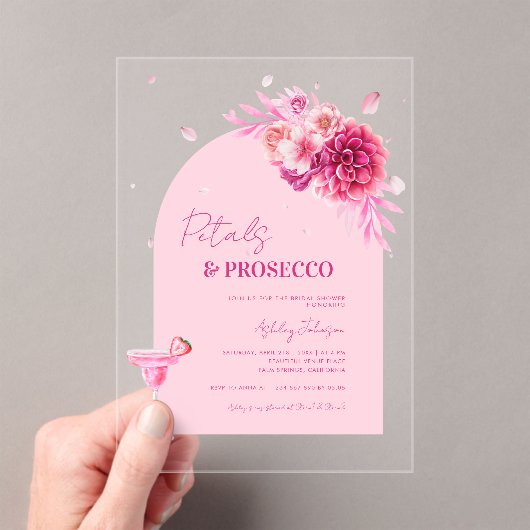 Script Petals & Prosecco Roze Bloemen Vrijgezellen Acryl Uitnodigingen (Insitu (Draagbaar))