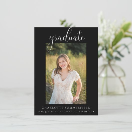 Script Photo Black White Graduation Party Kaart (Staand voorkant)