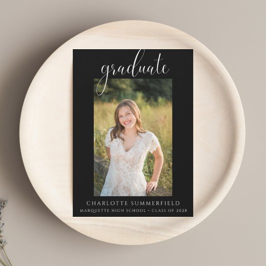 Script Photo Black White Graduation Party Kaart