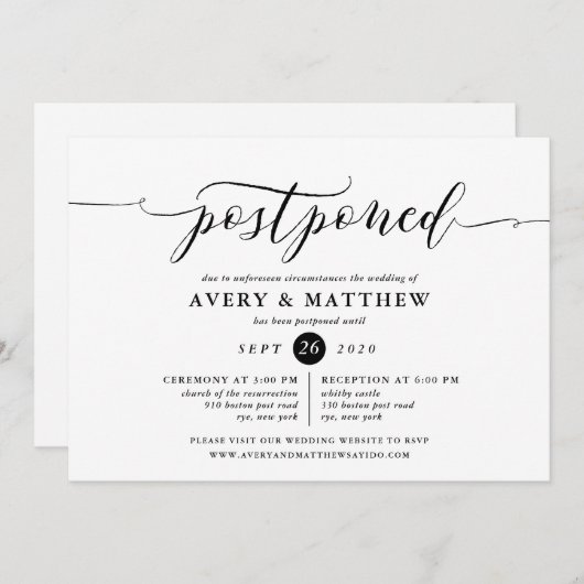 Script Postponed Wedding Ceremony en Reception Kaart (Voorkant / Achterkant)