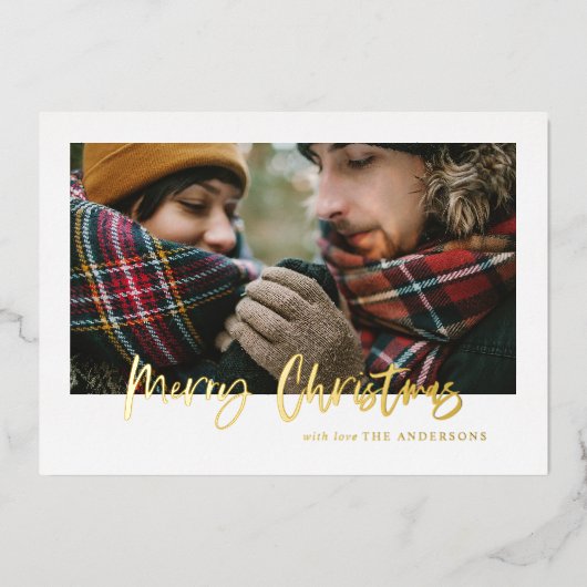 script prettig kerstfeest mosterd tartan foto  folie feestdagenkaart (Voorkant)