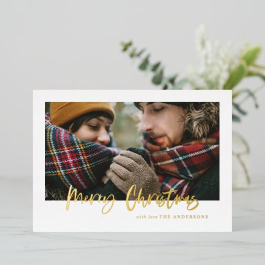 script prettig kerstfeest mosterd tartan foto  folie feestdagenkaart (Staand Voorkant)