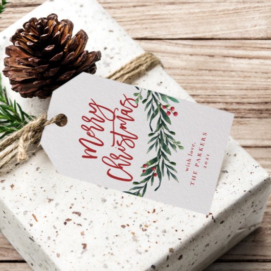 Script prettig kerstfeest tak met bessen cadeaulabel