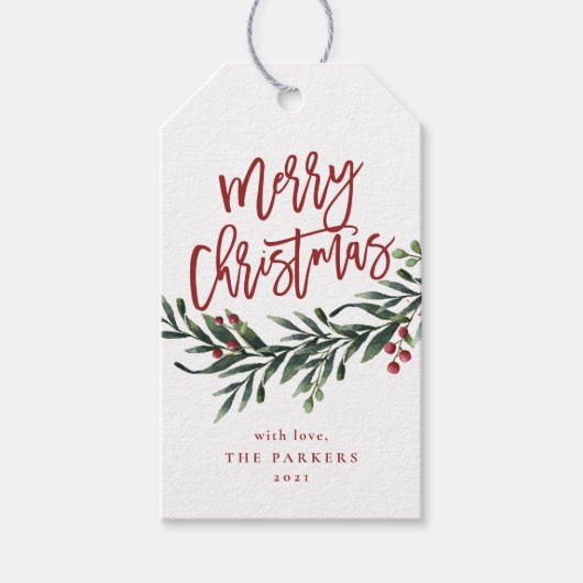 Script prettig kerstfeest tak met bessen cadeaulabel (Voorkant)