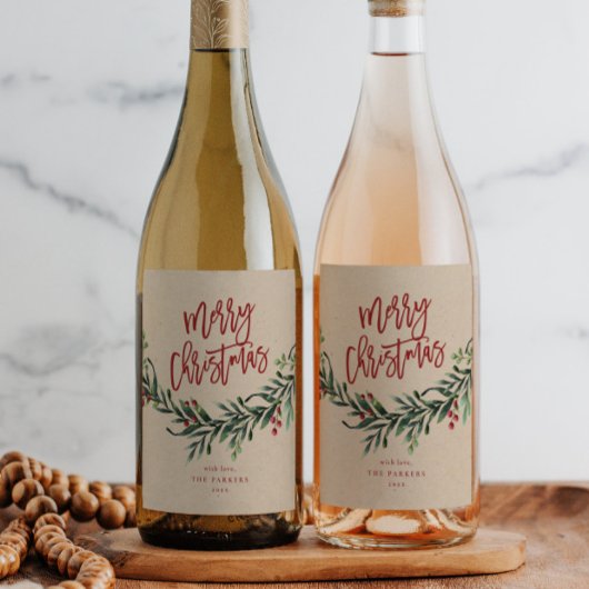 Script Prettig Kerstfeest Tak met Bessen Wijn Etiket