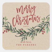 Script Prettig Kerstmis Watercolor Tak Vierkante Sticker (Voorkant)