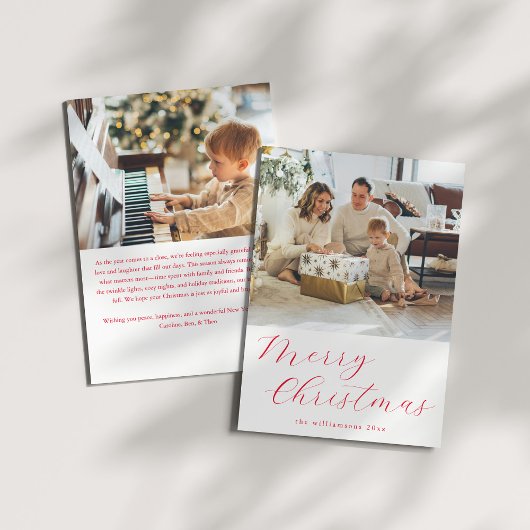 Script Red Simple Merry Christmas Photo Letter Feestdagenkaart