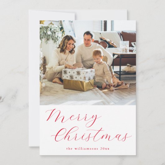 Script Red Simple Merry Christmas Photo Letter Feestdagenkaart (Voorkant)