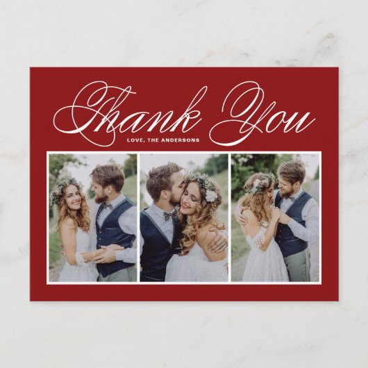 Script Red Three Photo Collage Wedding Hartelijk d Briefkaart (Voorkant)