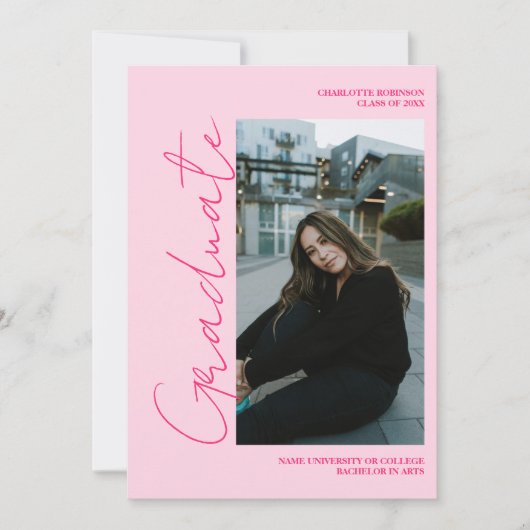Script retro neon pink graduate photo graduation kaart (Voorkant)