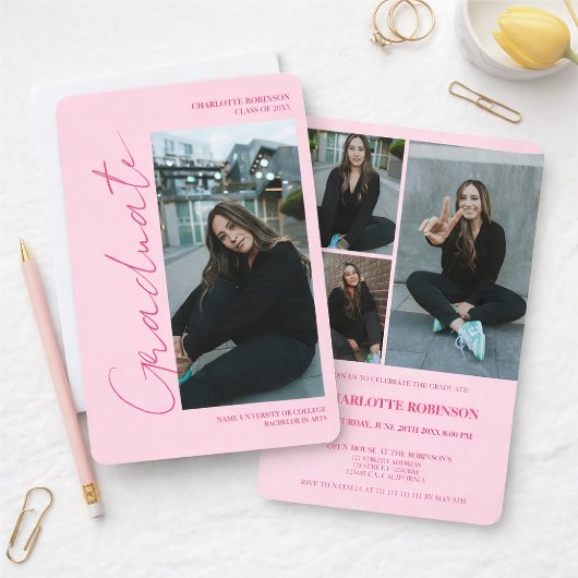 Script retro neon roze afstudeerfoto afstuderen kaart