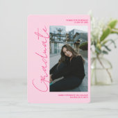 Script retro neon roze afstudeerfoto afstuderen kaart (Staand voorkant)