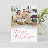 Script Rood Eenvoudig Prettig Kerstmis Foto Brief Feestdagenkaart (Staand voorkant)