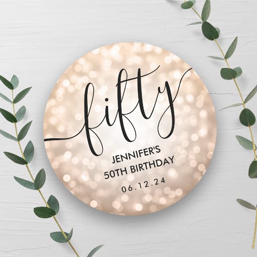 Script Roos Gold Glitter Lights 50e Verjaardag Ronde Sticker