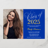 Script Royal Blue 2025 Photo Graduation Party Gold Folie Uitnodiging (Voorkant)