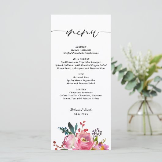 Script Roze Bloemige Trouw Menu (Staand voorkant)