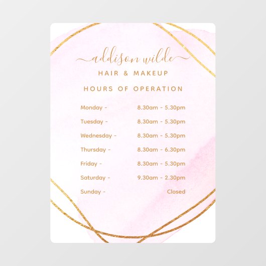 Script Roze Roze Waterverf Goud Openingstijden Raamsticker (Vel)