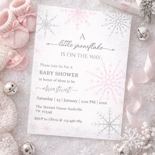 Script roze sneeuwvlok Winter Baby Shower Kaart