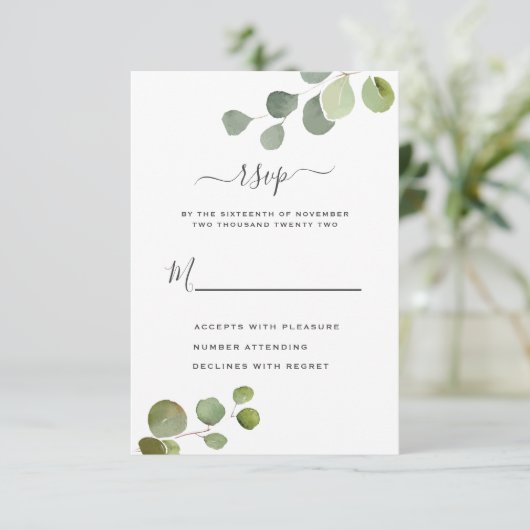 Script Rustiek Eucalyptus Wedding Response Kaart (Staand voorkant)