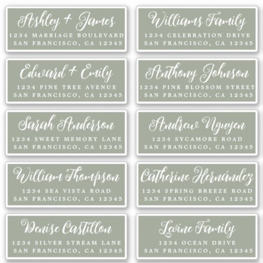 Script Sage Green Wedding Guest Address Labels (Voorkant)